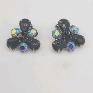 Vintage Weiss Earrings Blue Rhinestone AB Signed Clip Ons